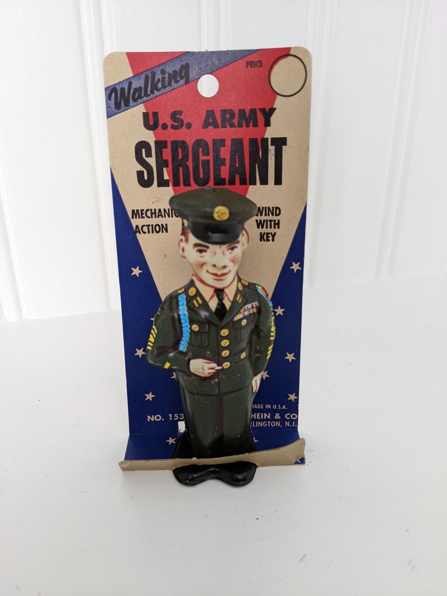 J. Chein Walking U.S. Army Sergeant Tin Wind-up Toy with Packaging