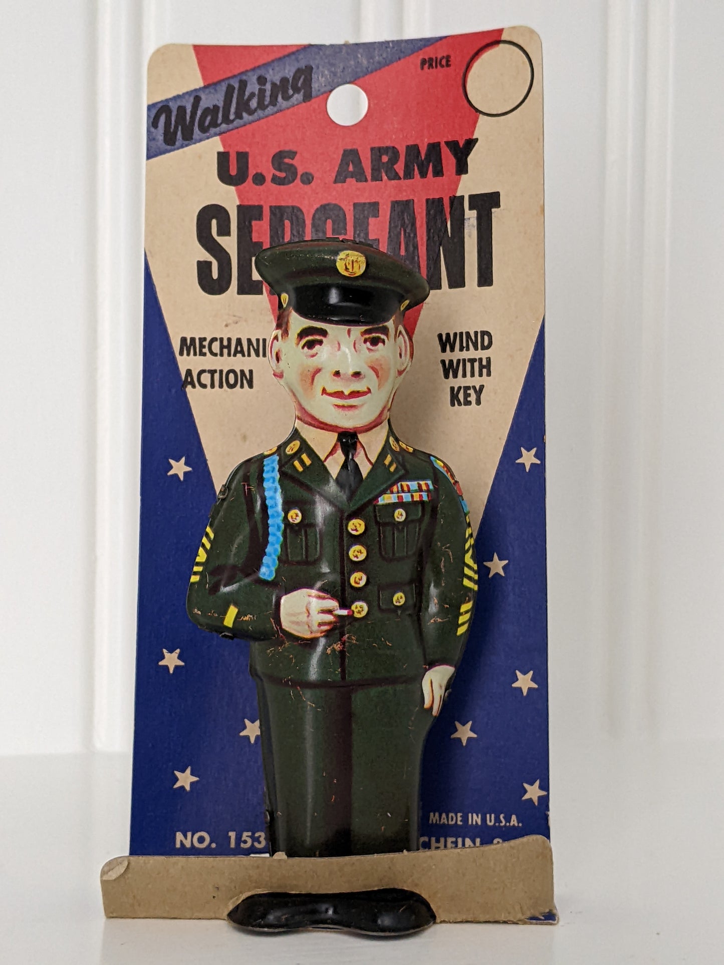 J. Chein Walking U.S. Army Sergeant Tin Wind-up Toy with Packaging