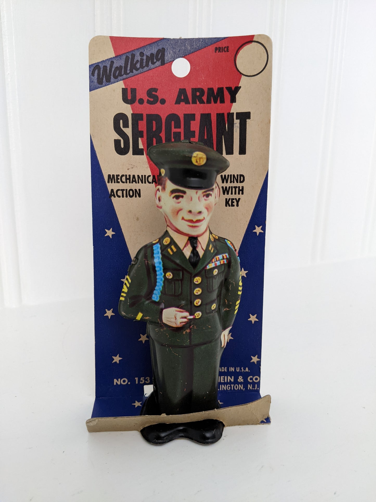 J. Chein Walking U.S. Army Sergeant Tin Wind-up Toy with Packaging
