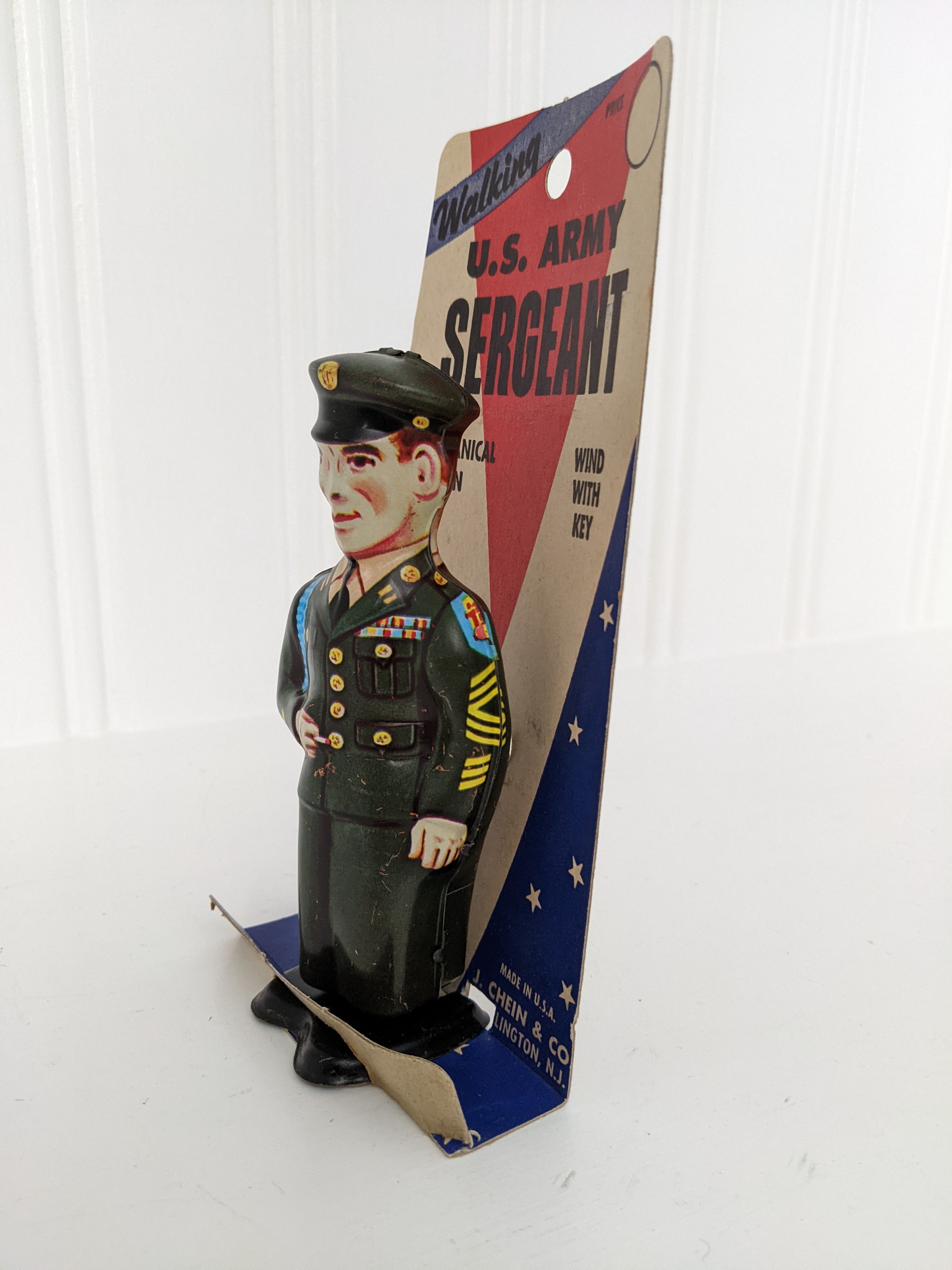 J. Chein Walking U.S. Army Sergeant Tin Wind-up Toy with Packaging