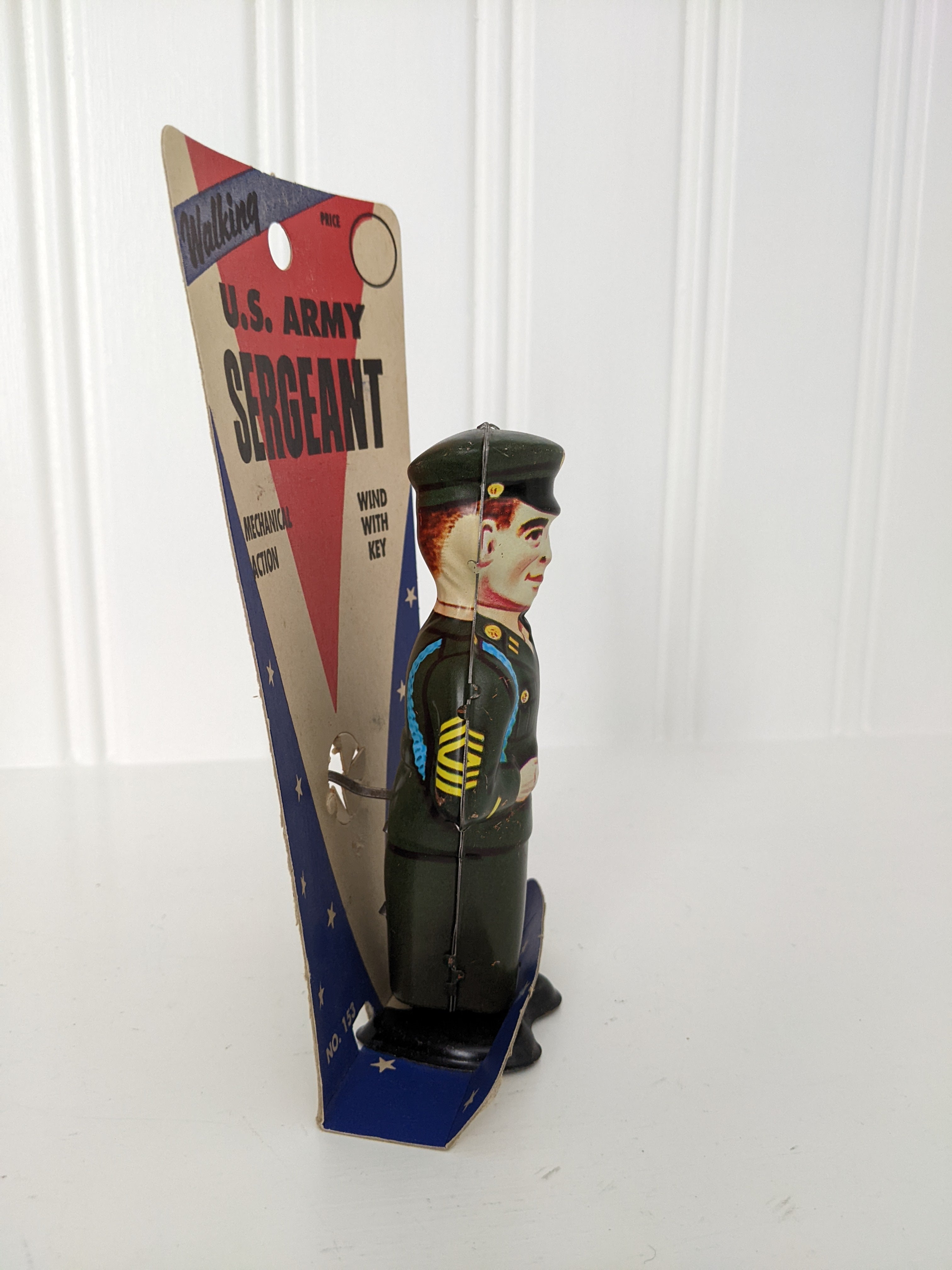 J. Chein Walking U.S. Army Sergeant Tin Wind-up Toy with Packaging