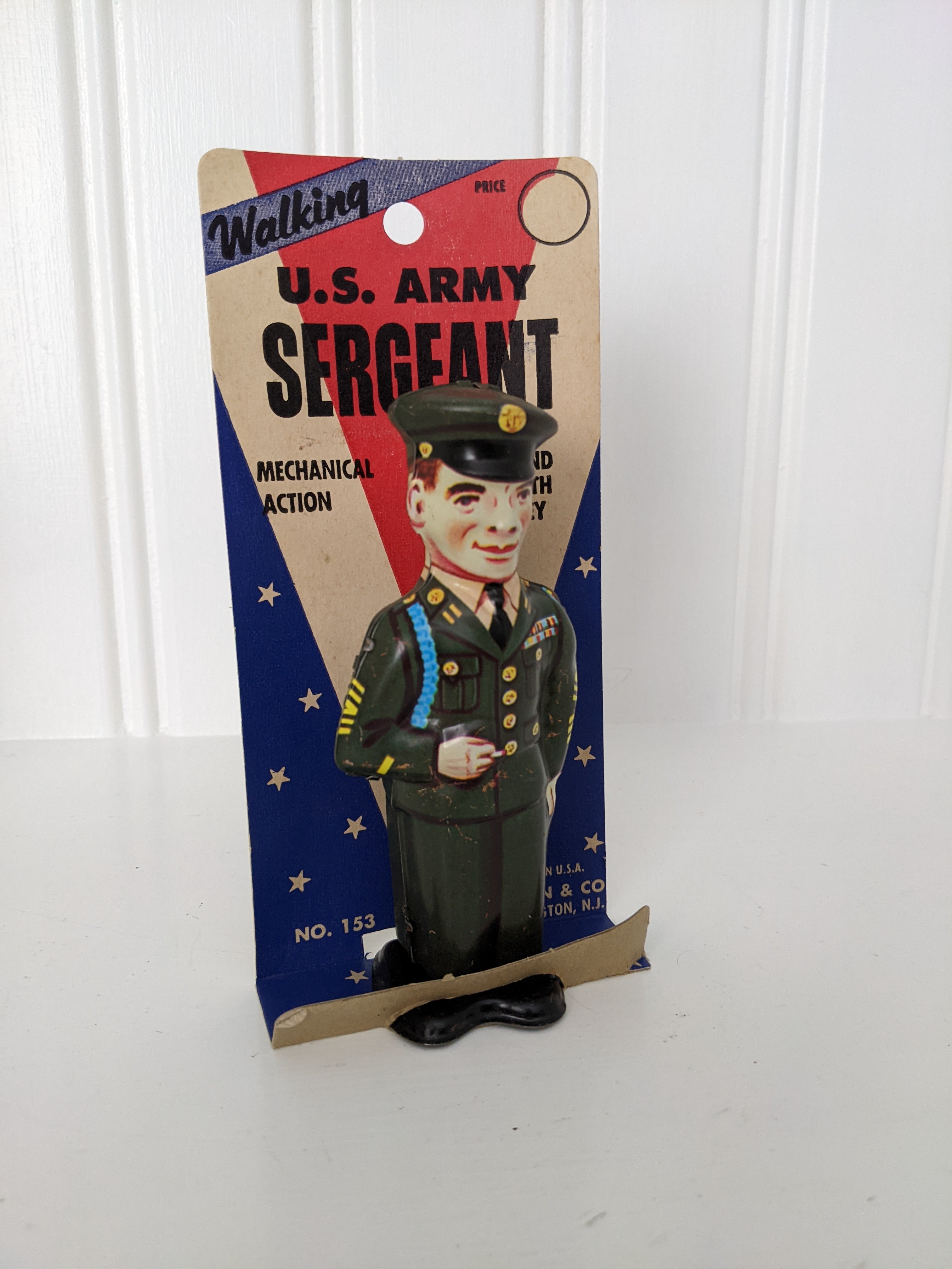 J. Chein Walking U.S. Army Sergeant Tin Wind-up Toy with Packaging