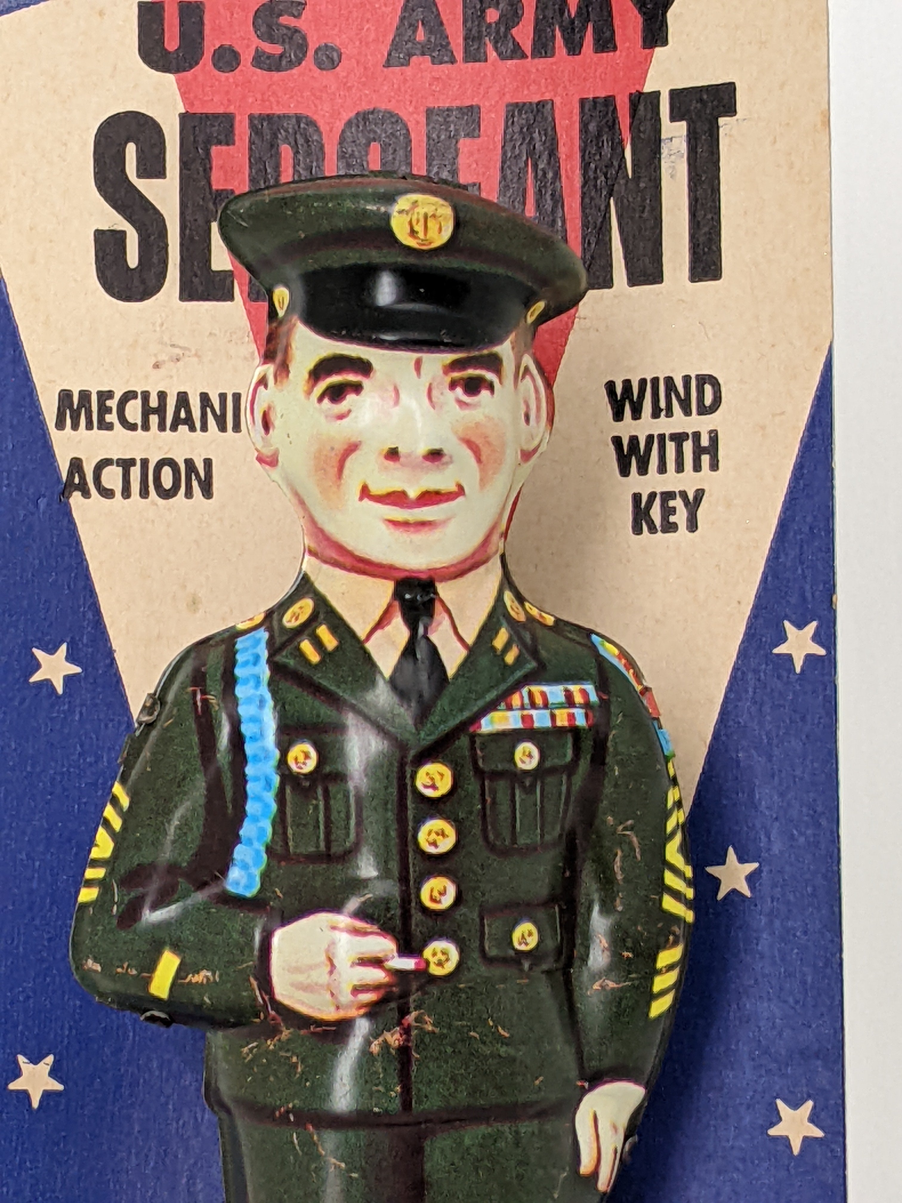 J. Chein Walking U.S. Army Sergeant Tin Wind-up Toy with Packaging